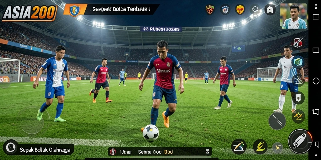 Tangkapan layar gameplay ASIA200 dengan aksi sepak bola yang mendebarkan.