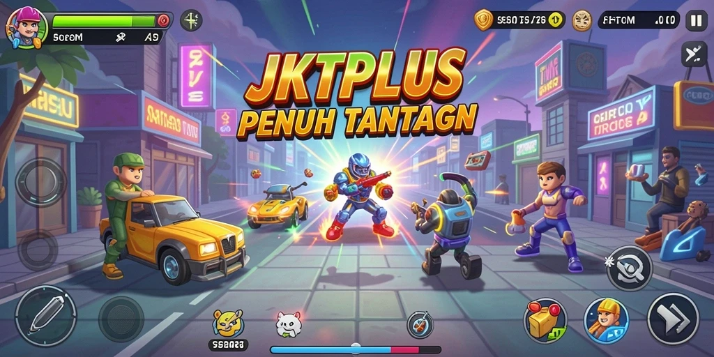 Screenshot utama JKTPLUS menampilkan gameplay Arcade yang dinamis dan seru.