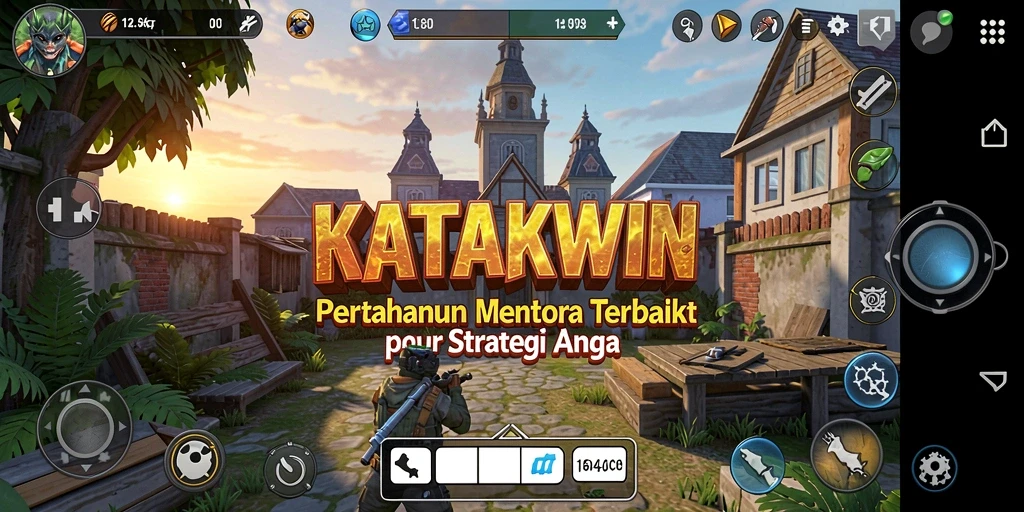 Screenshot gameplay KATAKWIN menampilkan aksi menara mempertahankan kerajaan.