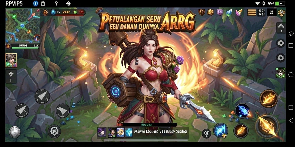 Screenshot gameplay RPVIP5 menampilkan perang epik di dunia fantasi.